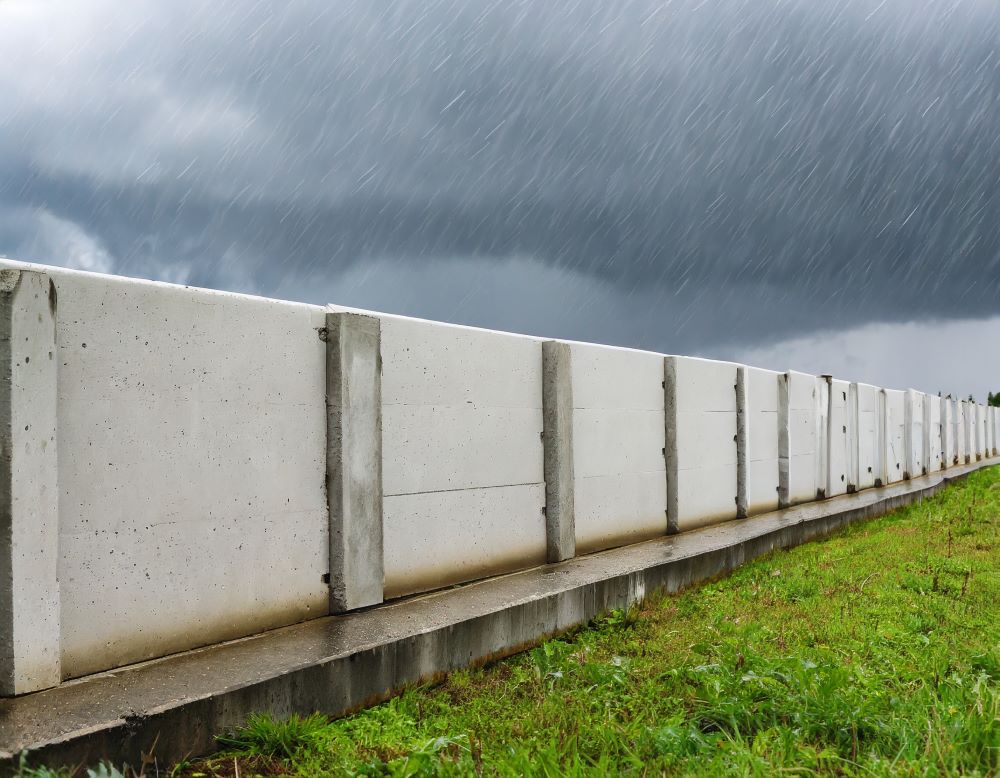 A precast concrete fence surrounding the perimeter of the property during a rainstorm.